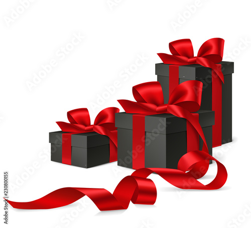 Decorative black boxes with red bow and ribbon on the corner of page for black friday sale design. Vector illustration