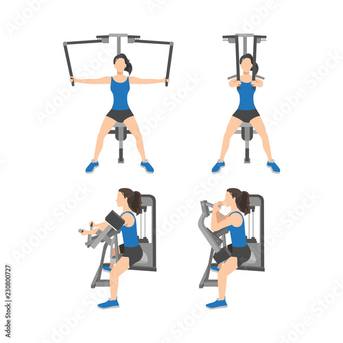 Workout girl set. Woman doing fitness and yoga exercises. Lunges and squats, plank and abc. Full body workout. Warming up, stretching