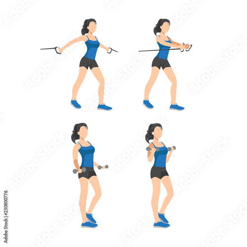 Workout girl set. Woman doing fitness and yoga exercises. Lunges and squats, plank and abc. Full body workout. Warming up, stretching