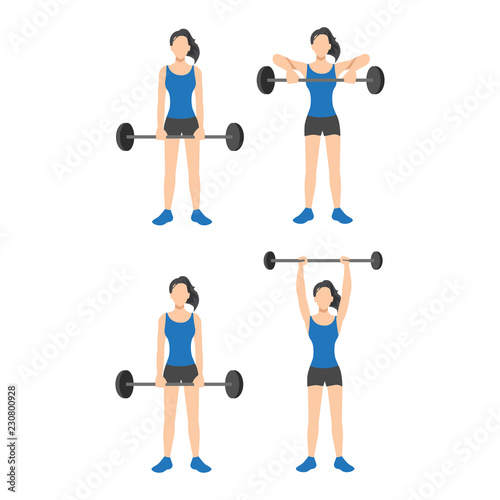 Workout girl set. Woman doing fitness and yoga exercises. Lunges and squats, plank and abc. Full body workout. Warming up, stretching