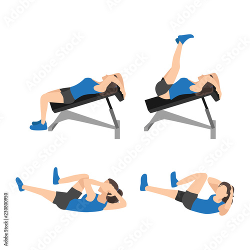 Workout girl set. Woman doing fitness and yoga exercises. Lunges and squats, plank and abc. Full body workout. Warming up, stretching