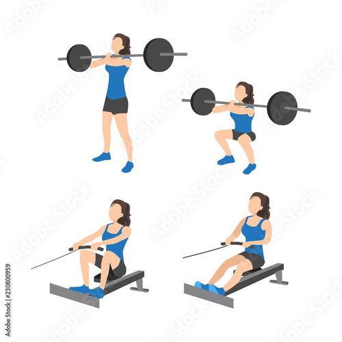 Workout girl set. Woman doing fitness and yoga exercises. Lunges and squats, plank and abc. Full body workout. Warming up, stretching