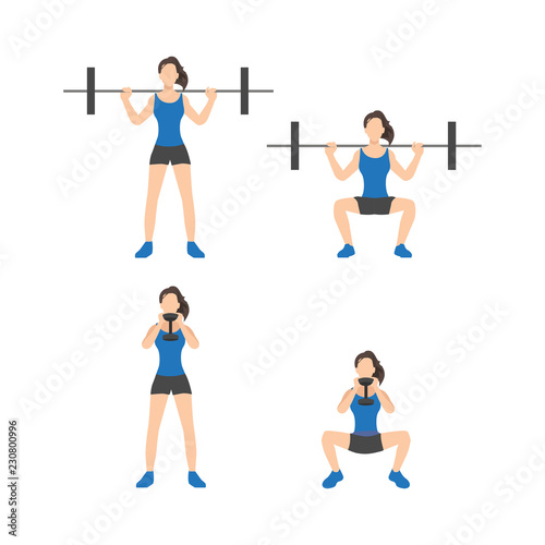 Workout girl set. Woman doing fitness and yoga exercises. Lunges and squats, plank and abc. Full body workout. Warming up, stretching