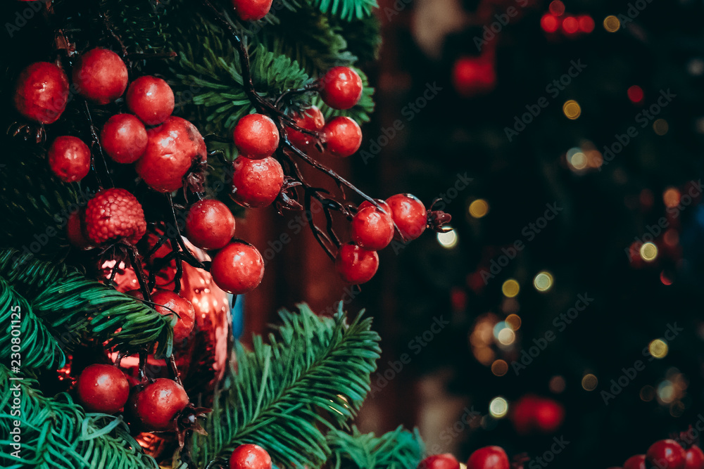 Big ripe red berries on fir tree branches and sparkling lights decor for Christmas and New Year celebrations on dark background