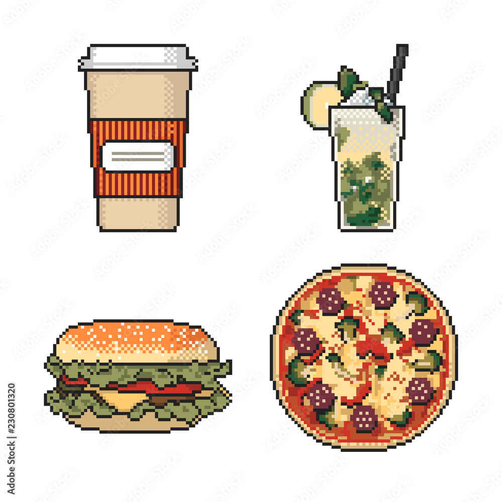 Set of fast food pixel art on white background. Vector illustration ...