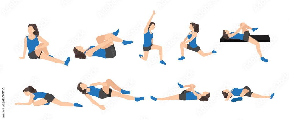 Workout girl set. Woman doing fitness and yoga exercises. Lunges and  squats, plank and abc. Full body workout. Warming up, stretching Stock  Vector | Adobe Stock