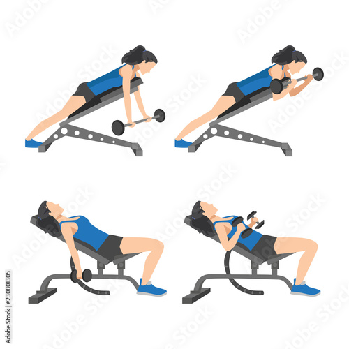 Workout girl set. Woman doing fitness and yoga exercises. Lunges and squats, plank and abc. Full body workout. Warming up, stretching
