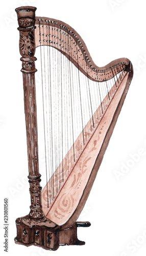 Watercolor musical strings instrument, harp isolated on white background