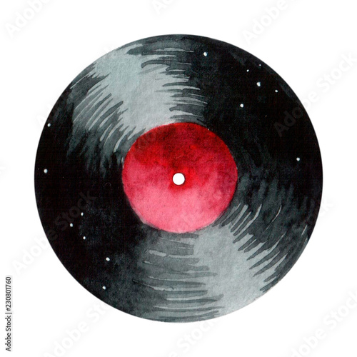 Round vinyl record with red label watercolor paint. Hand drawn watercolor element on white background.