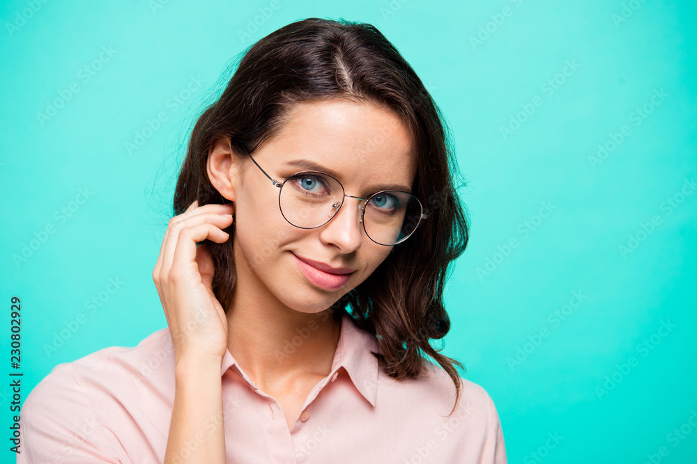 Close-up portrait of nice cute sweet charming attractive content Close-up portrait of nice cute sweet charming attractive content