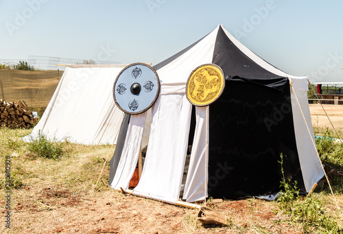 The  marching tent of the participant of the knight festival in Goren park in Israel photo