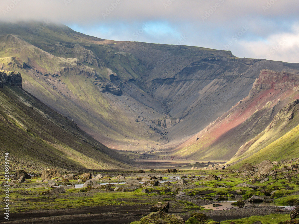 Obraz premium Landscape with Eldgja volcanic canyon and blue sky, Highlands of Iceland