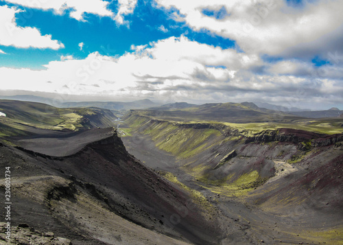 Epic scenery of the great fissure of Eldgja volcanic canyon in sunny weather. Highlands of Iceland, Europe