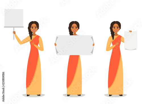 Set of Cartoon business indian woman character with present pose. Smiling  girl holds a blank sheet of paper, Board for labels. Young indian woman  wearing saree. Vector illustration Stock Vector | Adobe