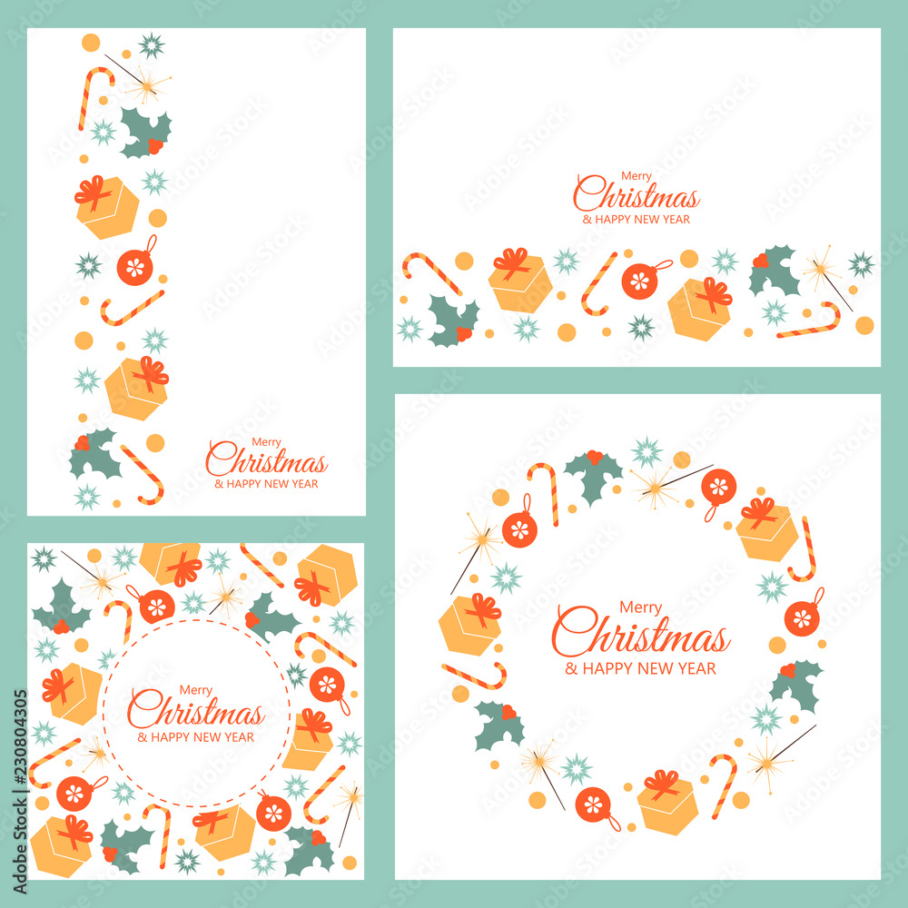 Merry Christmas and Happy New Year cards. Xmas background with main holiday symbols (gifts, Sparkler, Christmas toy, candy, Holly and snow). Greeting card, holiday banner, web poster Merry Christmas and Happy New Year cards. Xmas background with main holiday symbols (gifts, Sparkler, Christmas toy, candy, Holly and snow). Greeting card, holiday banner, web poster