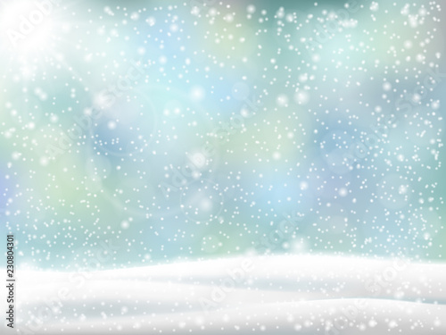 Christmas background. Winter landscape with snowdrift and falling snow. Vector backdrop for card.