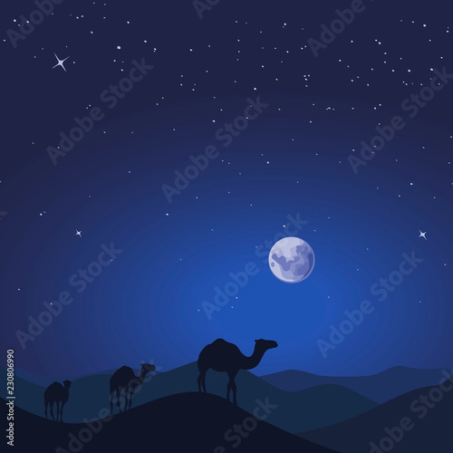 Camel caravan in wild desert mountain nature landscape. Vector illustration