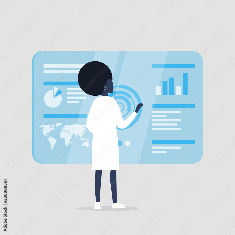 Young black female millennial character monitoring a blue transparent futuristic screen Young black female millennial character monitoring a blue transparent futuristic screen
