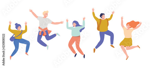 Group of young happy laughing people jumping with raised hands. Students. Vector flat cartoon illustration isolated on white background.
