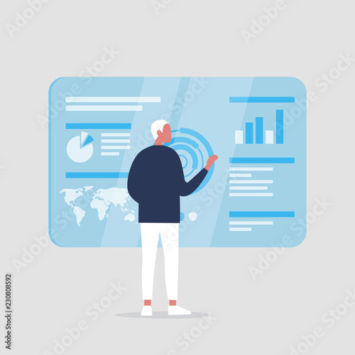 Young male millennial character monitoring a blue transparent futuristic screen. Conceptual future technologies / flat editable vector illustration, clip art