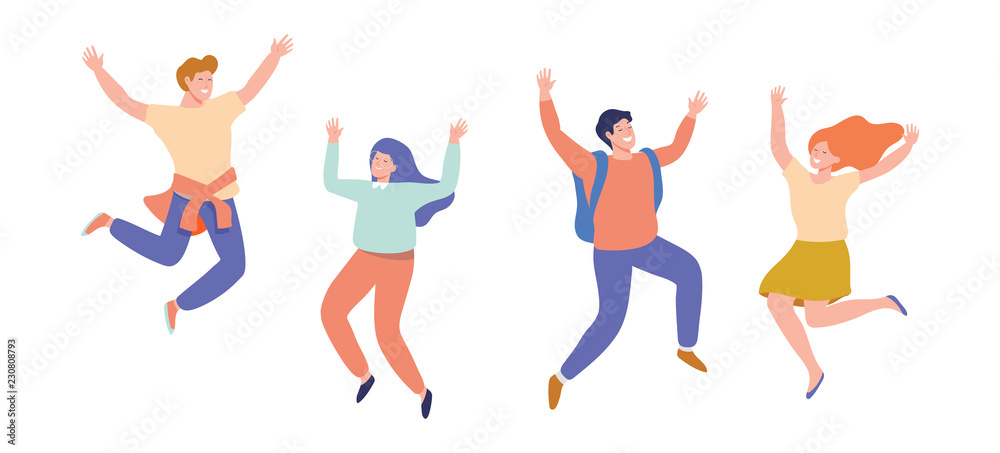 Group of young happy laughing people jumping with raised hands ...