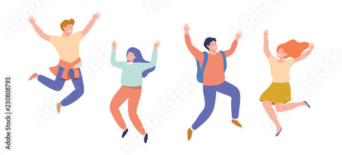 Group of young happy laughing people jumping with raised hands. Students. Vector flat cartoon illustration isolated on white background.