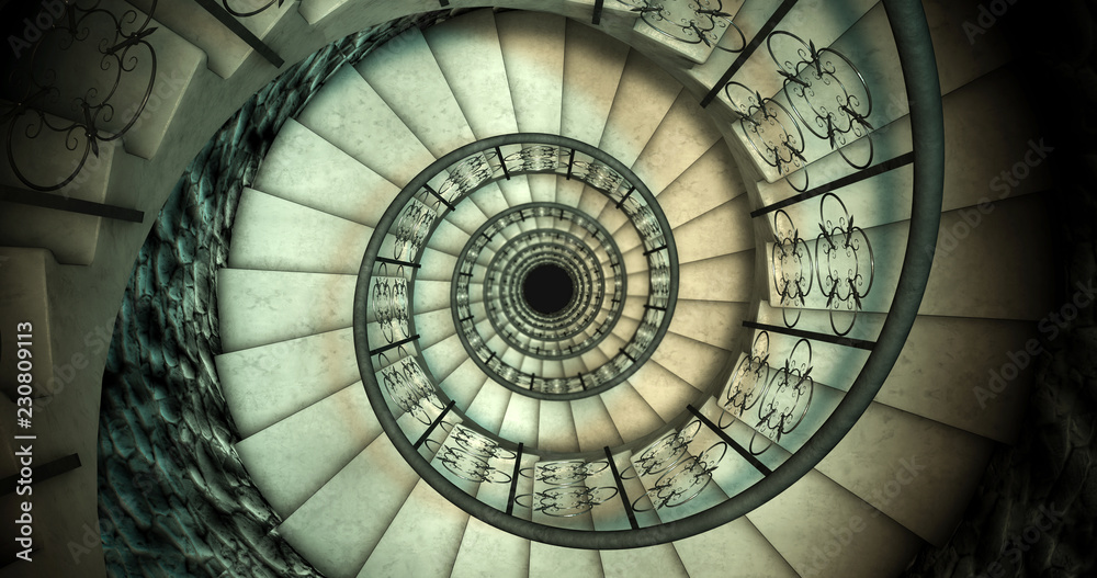 Endless old spiral staircase. 3D render - obrazy, fototapety, plakaty 