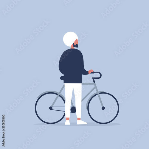 Young indian character standing with a bike. Urban transport. Healthy lifestyle. Flat editable vector illustration, clip art