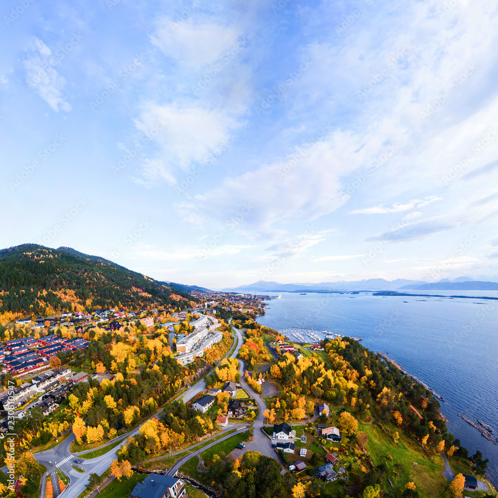 Aerial view of residential area in Molde, Norway in the evening