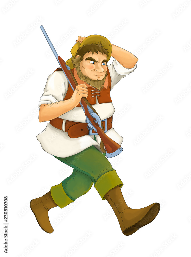 Cartoon hunter running - some activity - illustration for children