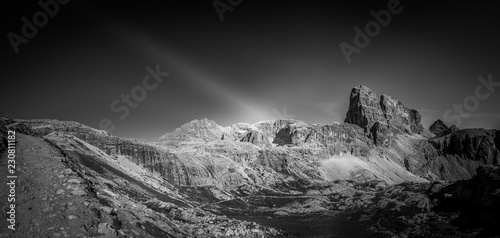 Awesome black and white dolomite panorama in a summer day, South Tyrol, Italy