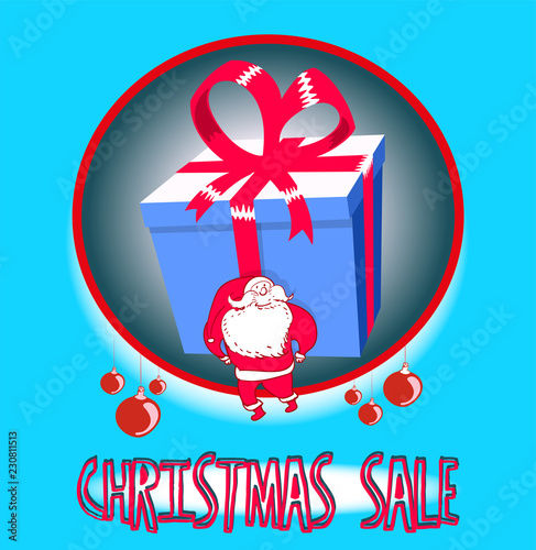 christmas sale, santa claus carrying huge gift box, shopping discount icon, banner, print,etc. cartoon style vector illustration with embedded text.