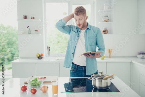 Doubt questions man in denim jeans shirt wear make brunch with v © deagreez