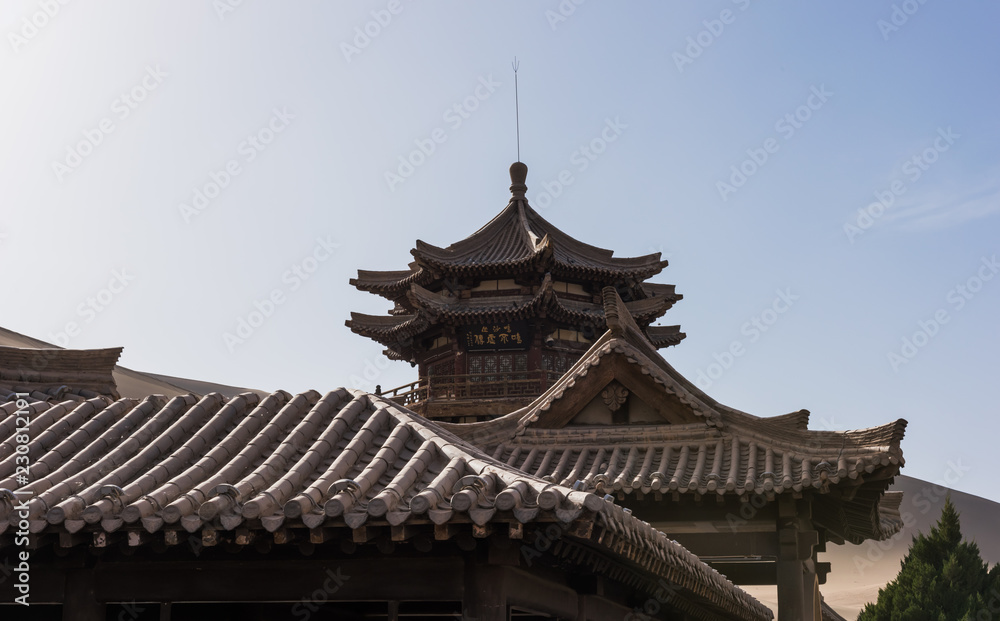 Ancient Chinese wooden pagoda, Crescent Moon Spring, at Dunhuang, Gansu, China