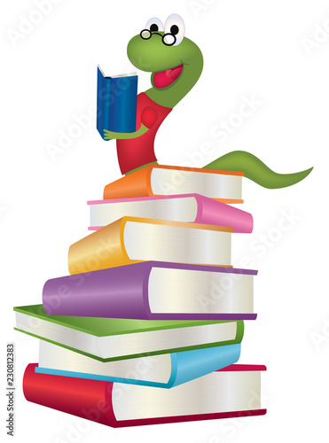 Stack of books with bookworm reading an open book