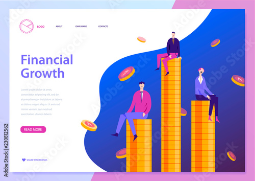 Vector finncial growth landing page template. Men and woman sitting on coins. Successful business