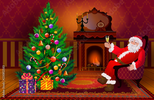 Santa Claus wishes a Happy New Year and Merry Christmas with drink champagne. Christmas tree in the living room and cozy fireplace with candles. Holiday decorated interior.