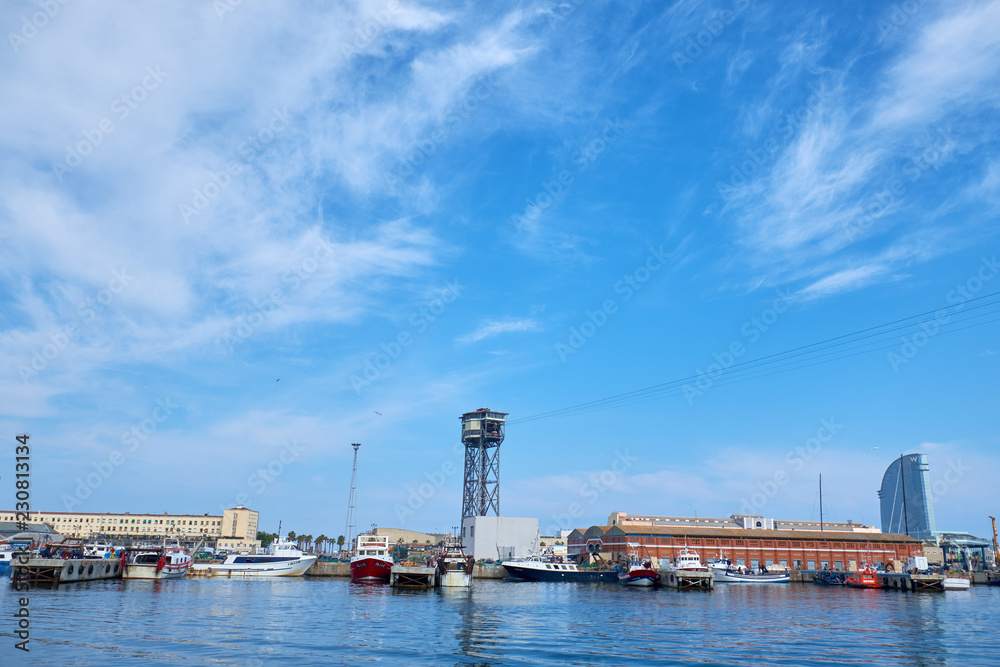BARCELONA, SPAIN -MAY 18, 2018: Tower of the cable car in the port of the city