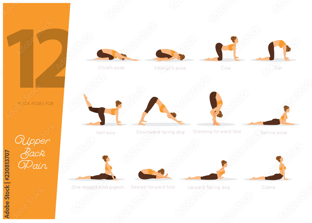 Plakat 12 Yoga poses for upper back pain, vector illustration