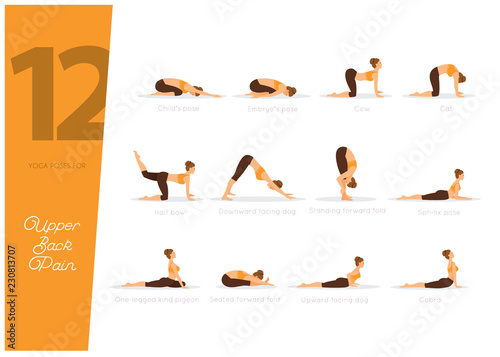 12 Yoga poses for upper back pain, vector illustration