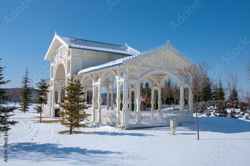 winter, snow, trees and an interesting building. Eskisehir, Turkey