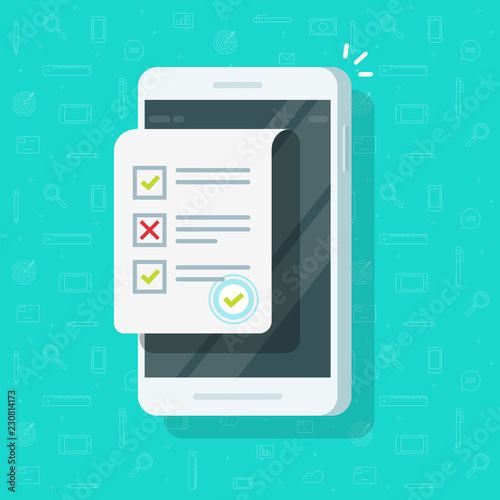 Online form survey on smartphone vector illustration, flat mobile phone with quiz exam sheet document icon with approved stamp, on-line questionnaire results, check list or internet test on cellphone