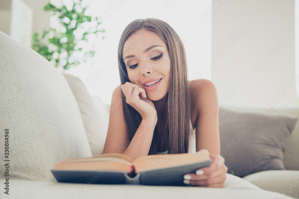 Low angle close up photo portrait of nice optimistic positive be