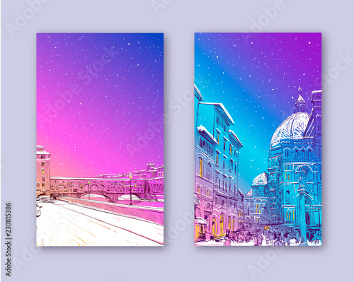Trendy cover template. Winter city. Merry Christmas and New Year card design. Ponte Vecchio Florence. Santa Maria del Fiore Florence Italy. Hand drawn city sketch. Vector illustration.