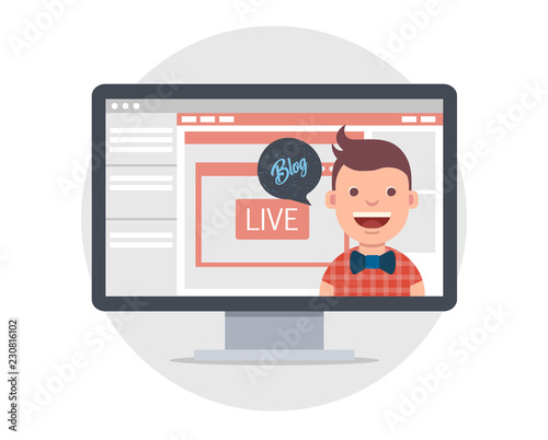 Vector illustration in modern flat style - video blogger concept - computer screen with video player - male vlogger broadcasting on his personal channel