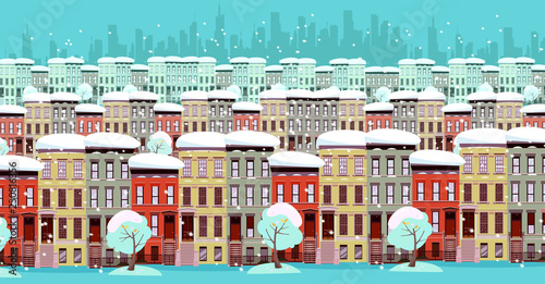 winter cityscape panorama. Three rows of two-storey and three-story houses and the silhouette of a business center in the distance. There is snow, the trees are powdered. Turquoise Flat vector cartoon
