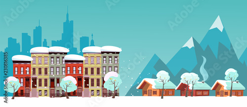 Winter Urban and Countryside Landscape. City Village Real Estate. Citiscape vs suburb. Urban landscape with three-story houses and suburb with private houses on background mountains. Snowy Flat Vector