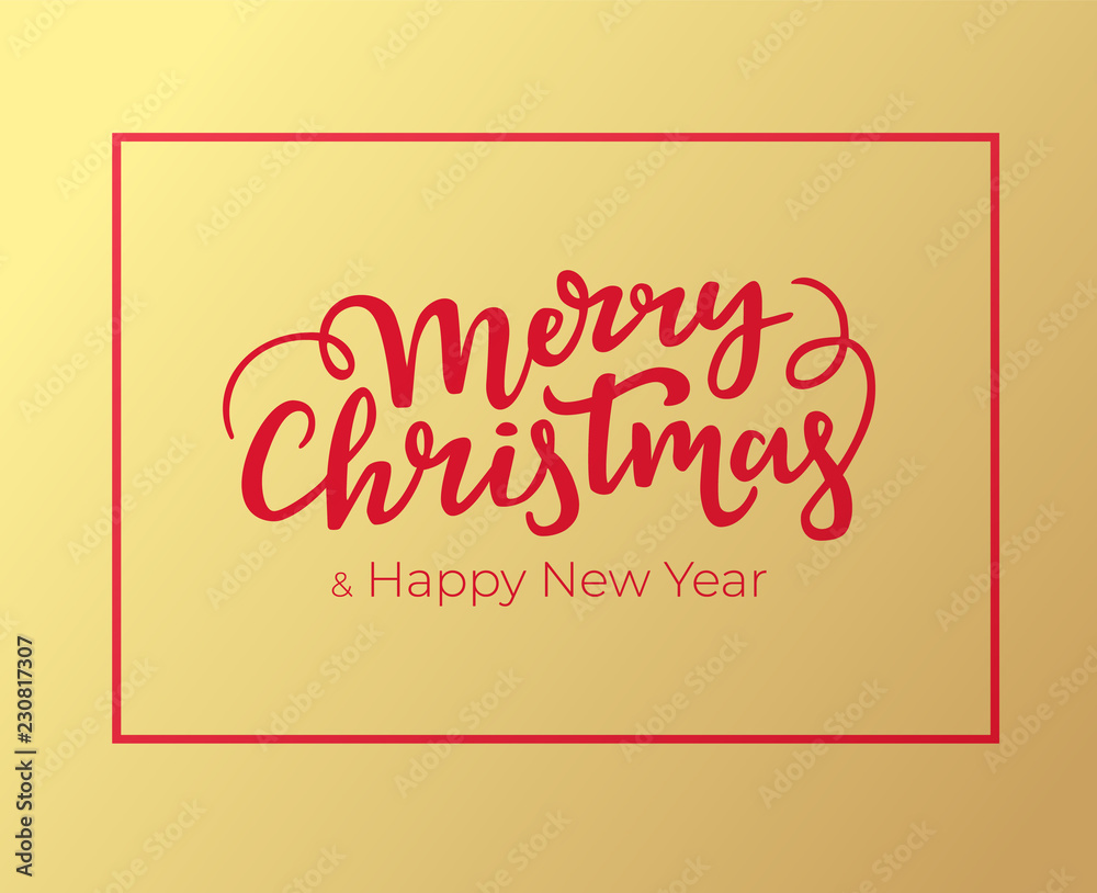 Christmas and New Year greeting card design with red frame and hand lettering. Typographical festive postcard for winter holidays with golden foil background.