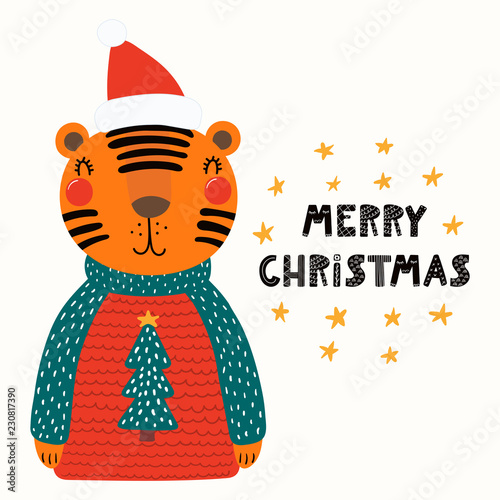 Hand drawn vector illustration of a cute funny tiger in a Santa hat, sweater, with text Merry Christmas. Isolated objects on white background. Scandinavian style flat design. Concept for card, invite.