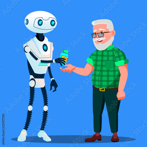 Robot Pharmacist, Doctor Gives Tablets, Pills To Old Man Vector. Isolated Illustration